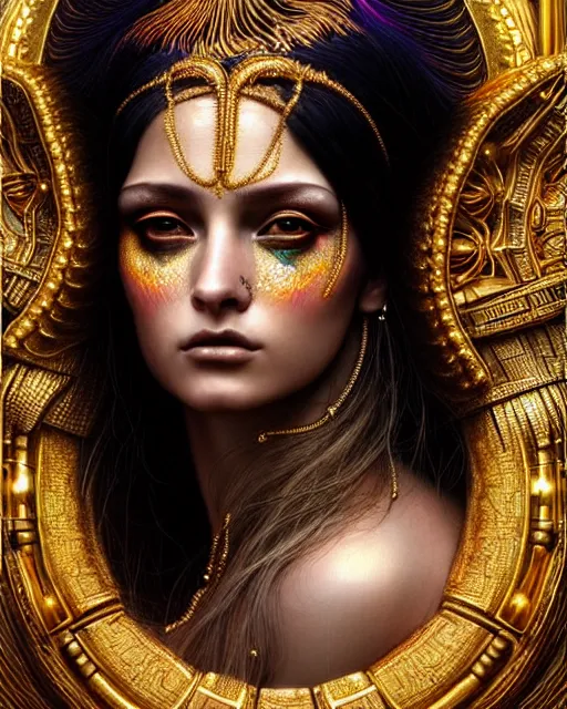 Image similar to hyperrealistic detailed portrait of a beautiful goddess in an iridescent - gold ornamental headdress, intricate cyberpunk make - up, golden face tattoos, art by android jones, john william godward, nekro borja, gothic - cyberpunk, beautiful deep colours,