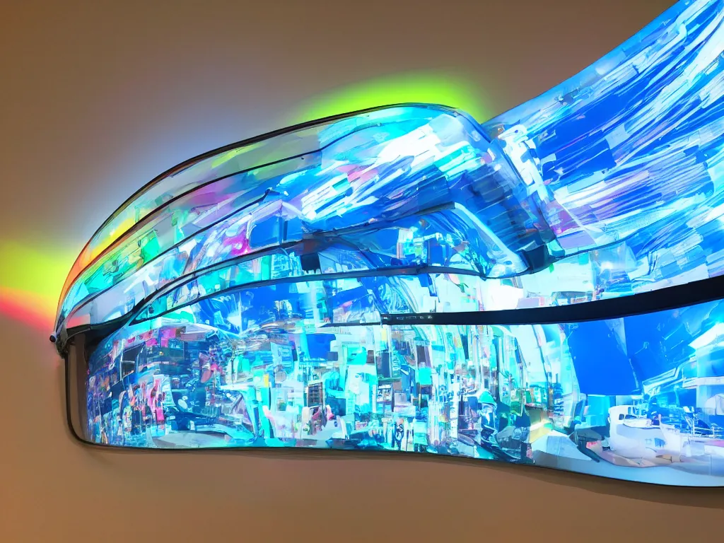 Image similar to visor with curved translucent screens projecting detailed art ( 2 0 4 2 ), large colorful images, pixel perfect photograph, high contrast, volumetric lighting, thin glowing lights, chair, users, pair of keys