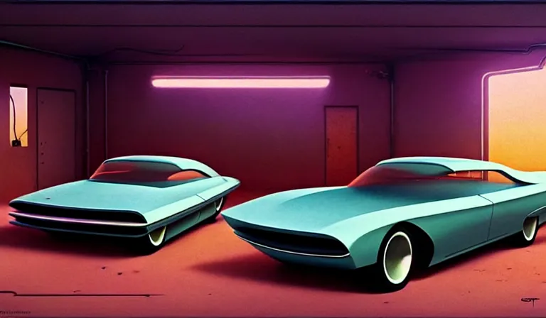 Image similar to a cinematic matte painting of a sleek 1 9 6 0 s vaporwave retro - futurism sci - fi car in a cluttered garage in the american southwest. cactus. by eric lafforgue, glennray tutor and edward hopper, greg rutkowski. trending on artstation.