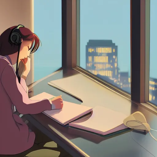 Image similar to a side view of a beautiful girl sitting on her desktop writing something, headphones on, hand on her chin, nightlamp, digital art, anime, studio ghibli style, window and city background, portrait