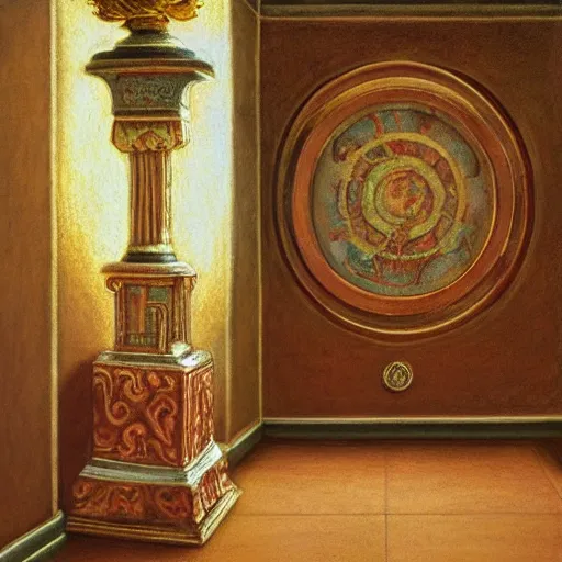 Image similar to still life renaissance pastel painting of a room with a marbled pedestal displaying an ancient holy artifact medallion, chromed and ornate with gentle iridescent shine from within. perspective from the side. realistic light and shadows. moody final fantasy art