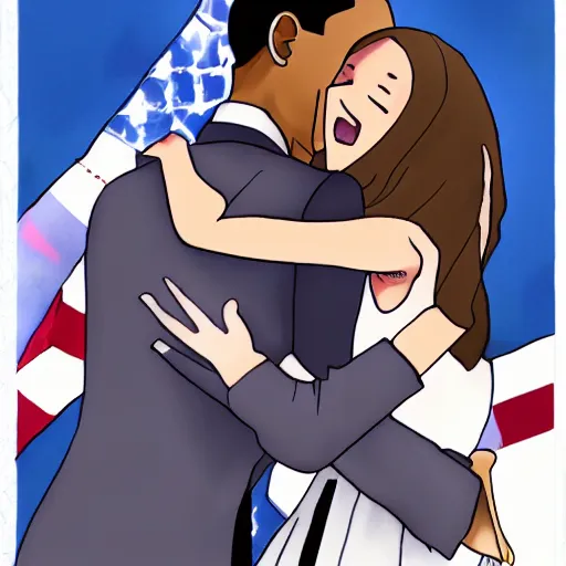 Image similar to A traditional drawing of Barack Obama hugging his anime waifu, detailed, semi chibi style, trending on Pixiv