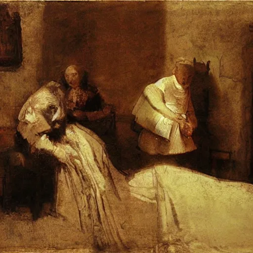 Prompt: blurry figures in a messy room. crumpled sheet. scrumbling. Scratches. By Rembrandt, by Vermeer. Inspired by Dali. white red yellow brown. shadows. stylized