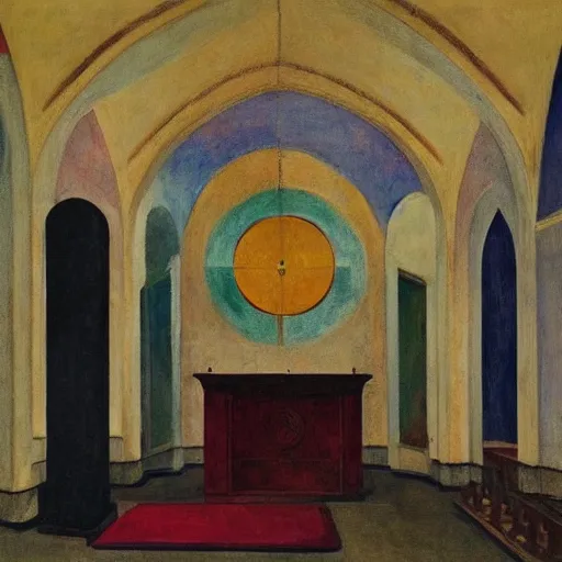 Image similar to scene,prayer,occult,refugees,mosque synagogue interior,masks,geometric art,prism,patina,edward hopper,hilma af klint