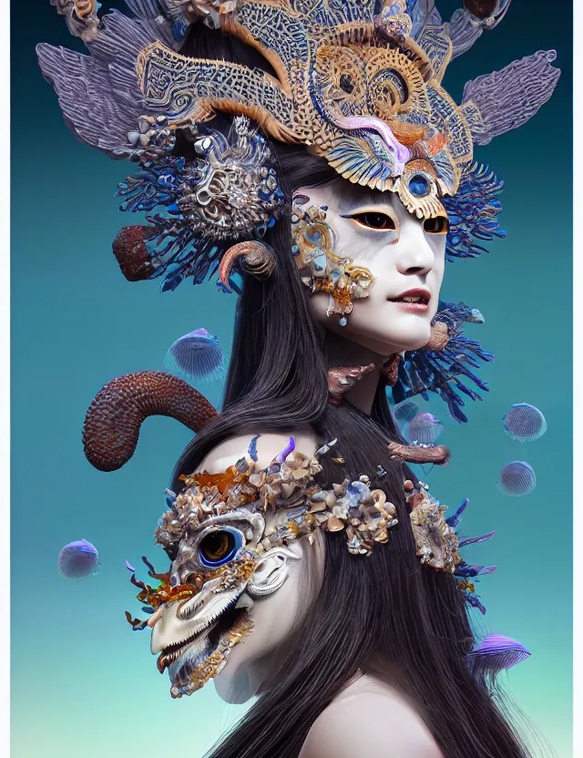 Image similar to 3 d goddess close - up 3 / 4 portrait with ram skull. beautiful intricately detailed japanese crow kitsune mask and clasical japanese kimono. betta fish, jellyfish phoenix, bio luminescent, plasma, ice, water, wind, creature, artwork by tooth wu and wlop and beeple and greg rutkowski