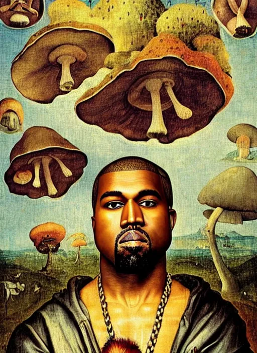 Prompt: portrait of kanye west stars in the sky fairies with detailed faces enchanted forest mushrooms on the ground psychedelic wide angle shot white background vector art illustration gears of war by hieronymus bosch and frank frazetta