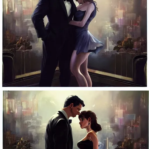 Image similar to daniel gerhartz and artgerm and wlop detailed portrait digital painting of a bruce wayne and selina kyle at a party in a mansion, mansion interior in the background, unreal engine, hyper realism, realistic shading, cinematic composition, blender render, octane render, hdr, detailed textures, photorealistic, 3 5 mm film