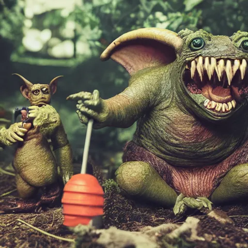 Prompt: autochrome photo of vintage disgusting brown Boglins, plastic goblin monster toys in a backyard garden, kaiju, oni, realistic, octane render