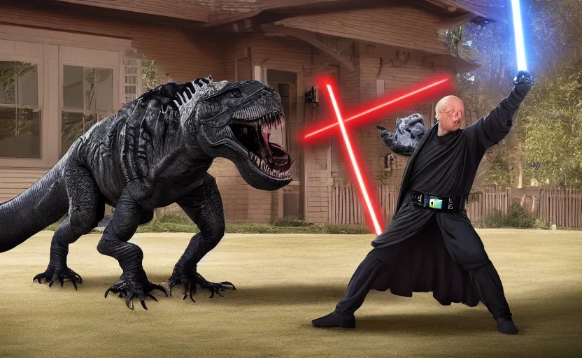 Prompt: Darth wrestling a T-rex in front of his home, 8k