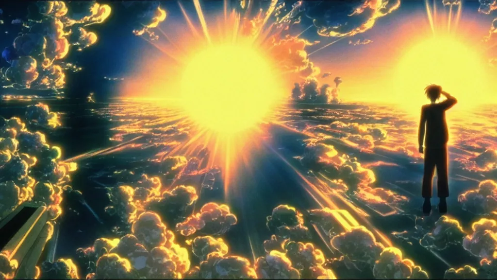 Prompt: god waits in front of volumetric light, anime film still from the an anime directed by katsuhiro otomo with art direction by salvador dali, wide lens