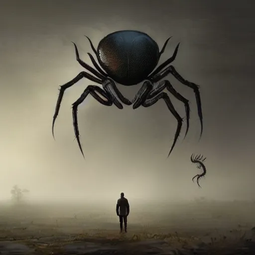 Image similar to a man standing in front of a giant spider, foggy scene. concept art by jason a. engle, cgsociety, fantasy art, concept art, lovecraftian, apocalypse art.