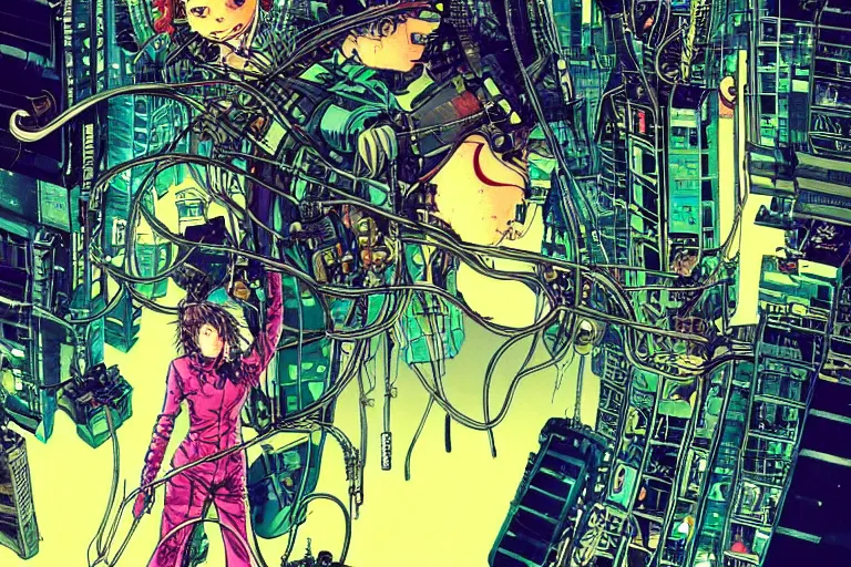 Prompt: an intricate, awe inspiring cyberpunk illustration of a girl with balloon, wires and cables coming out, by masamune shirow and katsuhiro otomo ((colorful))