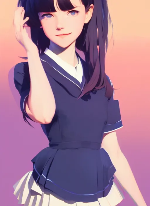 Image similar to full body beautiful and cute and aesthetic school girl greeting, very slightly smiling, wave a hand at the camera, perfect face, symmetric eyes, sharp focus, specular reflection, occlusion shadow, artstation, by ilya kuvshinov and jeremy lipking, light novel cover art, 3 d epic illustrations, symmetric body