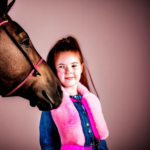 Image similar to young girl with rider boots, next to her is a pink pony, photo taken by nikon, sharp focus, highly detailed, studio lightning, 4 k