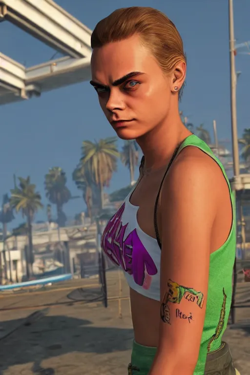 Prompt: Cara Delevingne as a GTA V NPC in Vespucci Beach, in game capture. 3D Render.