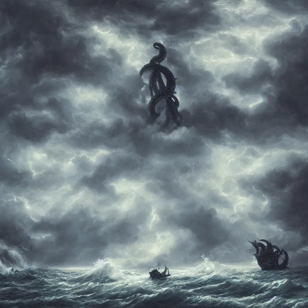 Prompt: a fantasy book landscape with a massive giant black kraken. stormy sea with a small boat, giant waves, lightning in the background, oil painting, 4 k