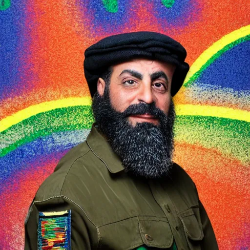 Prompt: professional portrait of a middle aged arab man with a beard wearing military camouflage and a beret, rainbow background, 8 k, very intricate, very detailed,