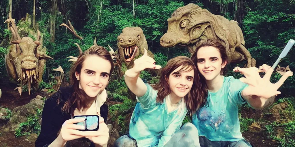 Image similar to photo, hairy fat cave people, emma!! watson!!, looking at camera, surrounded by dinosaurs!, gigantic forest trees, sitting on rocks, bright moon, birthday cake on the ground, front close - up view of her face, selfie, jelly monster