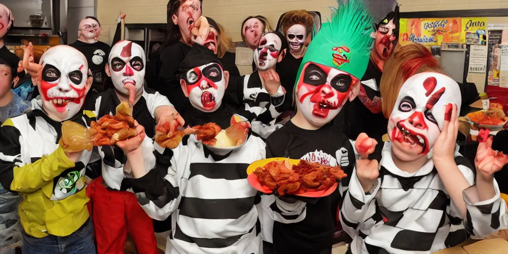 Prompt: cyclops Juggalo coneheads school food fight, detailed facial expressions