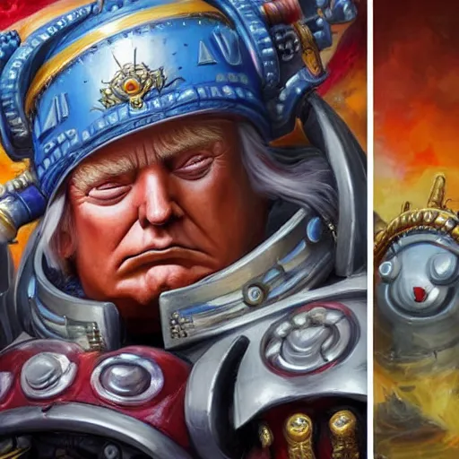 Prompt: A stunning vibrant painting of Donald Trump as a Warhammer 40K character, by Mattias Adolfsson, by Mandy Jurgens, 8K, hires, nvidia, vray