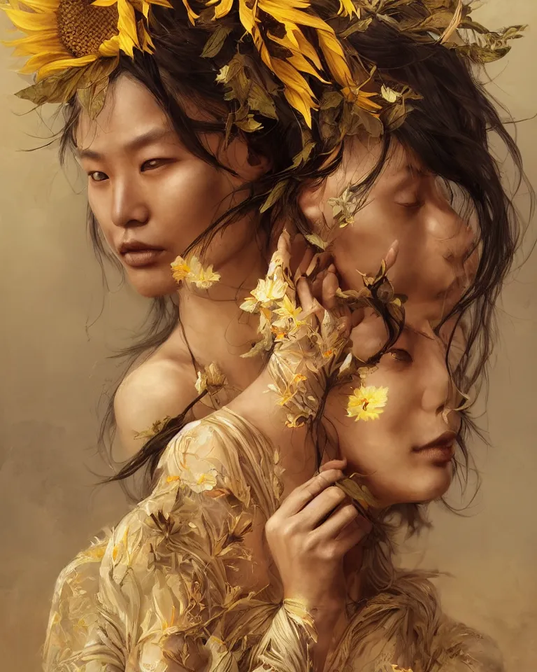 Prompt: a professional portrait of the Sunflower Goddess, tribal and wild Chinese woman, olive skin, beautiful bone structure, symmetrical facial features, intricate, elegant, digital painting, concept art, smooth, sharp focus, illustration, art style by Ruan Jia and Mandy Jurgens and Artgerm and William-Adolphe Bouguerea