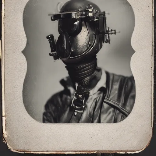 Prompt: tintype photographs of techno shamans, telepaths, dieselpunk cyborgs, masked heroes, irradiated humans, and monster hunters