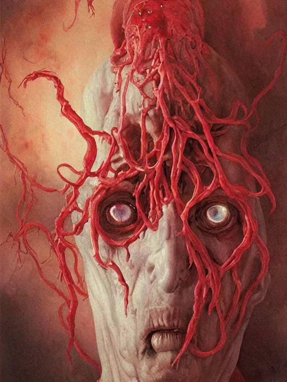 Image similar to painting by wayne barlowe of a flying sorrowful looking severed human head with tears running down it's eyes, face that is chalk white in color, with long sprawling white tentacles stemming down it's neck, fiery scorching red eyes, flying in a terrying hellish dark cavernous place