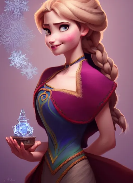 Image similar to anna from frozen, d & d, fantasy, intricate, elegant, highly detailed, digital painting, artstation, concept art, matte, sharp focus, illustration, hearthstone, art by artgerm and greg rutkowski and alphonse mucha