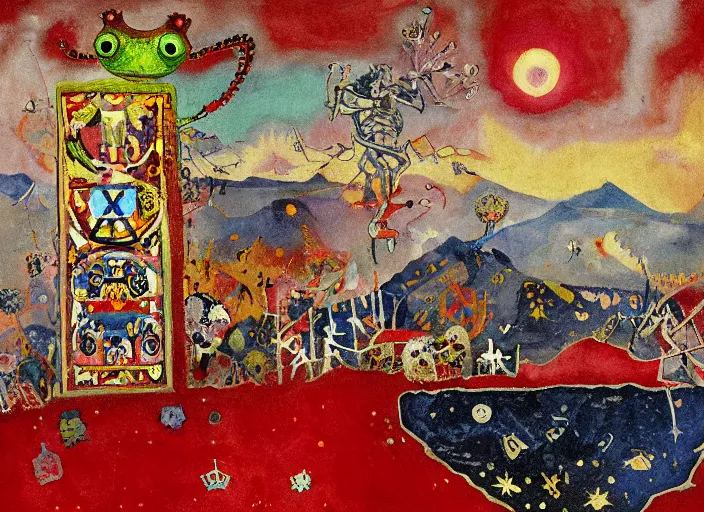 Image similar to pixel decollage painting tarot lovers card composition tower of babel road red armor maggot bear and wonky alien frog skeleton knight on a horse in a dark red cloudy night sky with golden foil jewish stars and diamonds, mountain lake and blossoming field in background, painted by Mark Rothko, Helen Frankenthaler, Danny Fox and Hilma af Klint, pixelated, neo expressionism, semi naive, pastel colors, cinematic, color field painting, cave painting, voxel, pop art look, outsider art, minimalistic. Bill Traylor painting, part by Philip Guston, Amano and Francis Bacon. art by Adrian Ghenie and Storm Thorgerson, very coherent symmetrical artwork, cinematic, hyper realism, high detail, octane render, unreal engine, Smooth gradients, depth of field, full body character drawing, extremely detailed, 8k, extreme detail, intricate detail, masterpiece