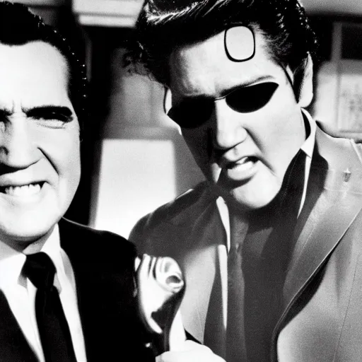 Prompt: an award winning photograph of Richard Nixon and Elvis Presley fighting crime, Life magazine