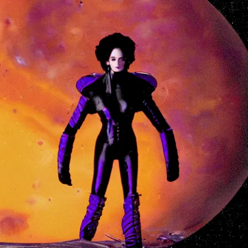 Image similar to portrait of mysterious humanoid, with hair like wisps of smoke, wearing gothy purple and black spandex suit, standing next to smashed spacecraft wreckage, on the orange surface of mars, highly detailed, dramatic lighting, photorealistic, movie still from Dune