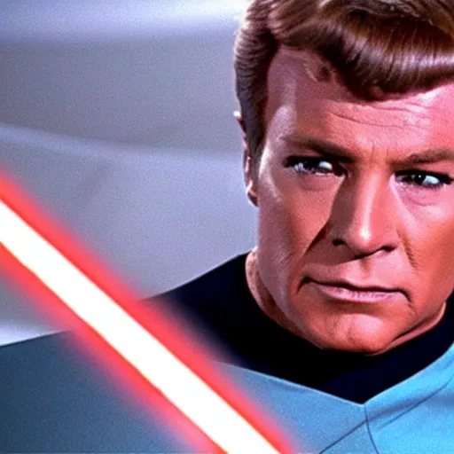 Image similar to captain kirk in Star Trek TOS holding a lightsaber, looking serious