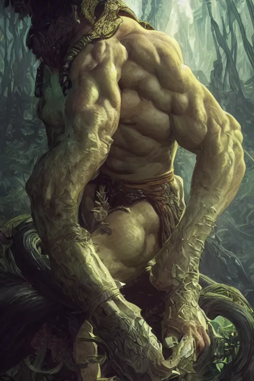 Image similar to portrait of seth green as a very pale hulking herculean demon, forest, godlike, full body, fantasy, intricate, elegant, highly detailed, digital painting, artstation, concept art, sharp focus, illustration, art by artgerm and greg rutkowski and alphonse mucha