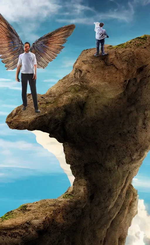 Prompt: a man standing on a cliff ready to jump with his home made wings, highly realistic