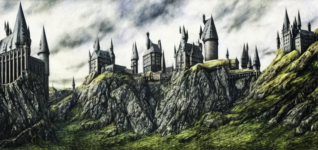 Image similar to Hogwarts landscape painted by Alan Lee