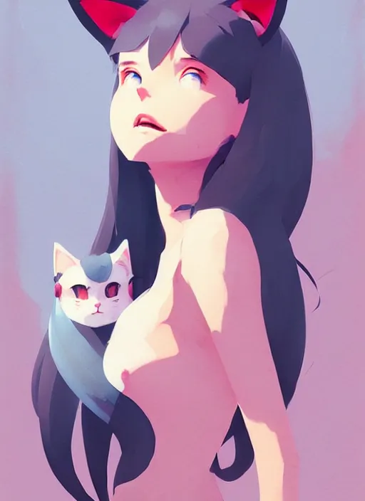 Image similar to portrait of cute catgirl with cat ears, by atey ghailan, by greg rutkowski, by greg tocchini, by james gilleard, by joe gb fenton, by in kaethe butcher, dynamic lighting, gradient light blue, brown, blonde cream and white color in scheme, grunge aesthetic