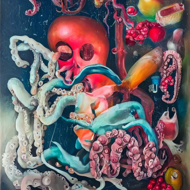 Prompt: portrait of a female art student falling asleep, scientific research, crashcart, x - ray, sensual, blossom, squashed berries dripping, octopus, candlelight, neo - impressionist, surrealism, acrylic and spray paint and oilstick on canvas