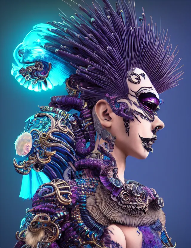 Image similar to 3 d goddess close - up profile portrait punk with mohawk with ram skull. beautiful intricately detailed japanese crow kitsune mask and clasical japanese kimono. betta fish, jellyfish phoenix, bio luminescent, plasma, ice, water, wind, creature, artwork by tooth wu and wlop and beeple and greg rutkowski