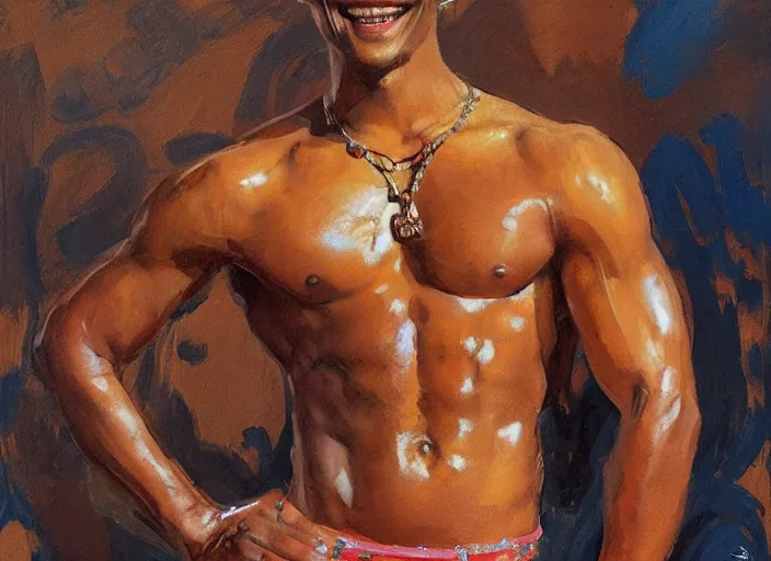 Image similar to a highly detailed beautiful portrait of a short brown haired brown skinned genie, with abs, smiling, by gregory manchess, james gurney, james jean