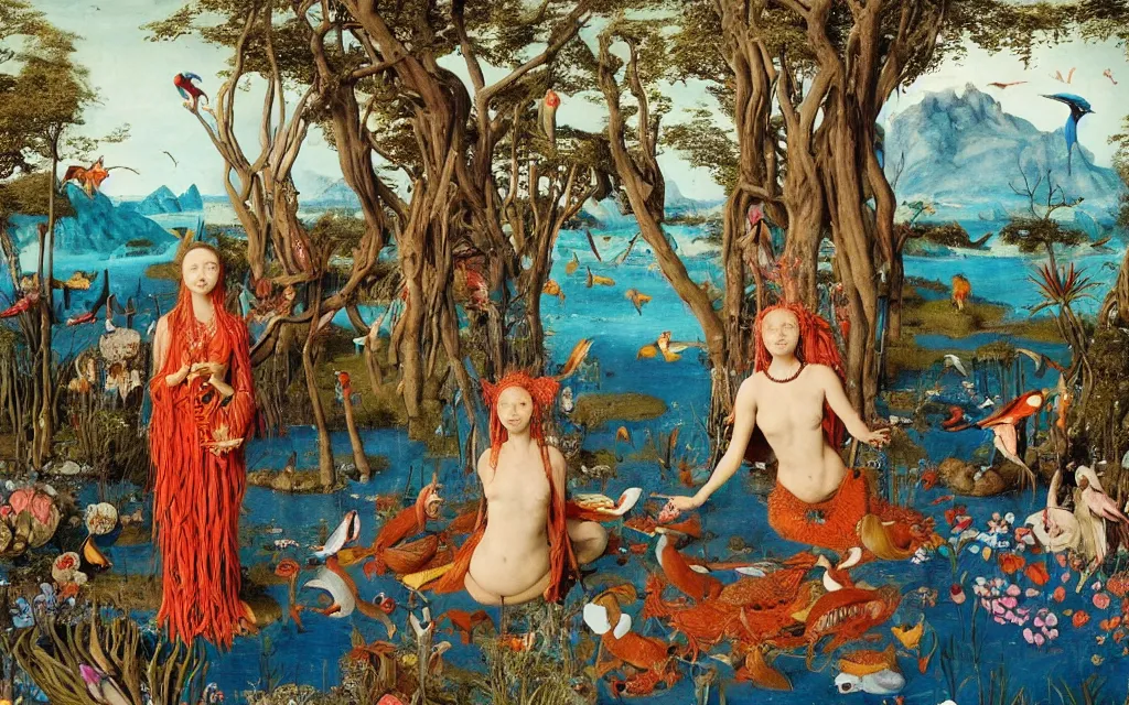 Image similar to a portrait photograph of a meditating mermaid shaman and a flayed monk feeding parrots at a wide river delta. surrounded by bulbous flowers, animals and trees. mountain range under a vast blue sky of burning stars. painted by jan van eyck, max ernst, ernst haeckel, ernst fuchs and artgerm, trending on cgsociety