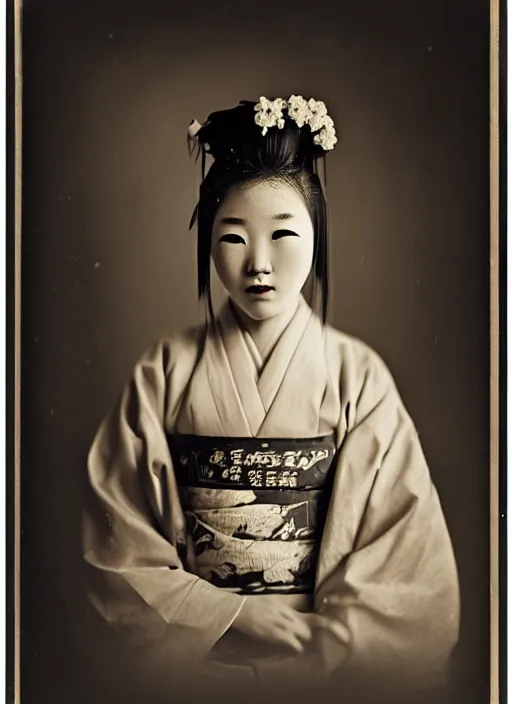 Prompt: a wet plate portrait of a young asiatic young woman, geisha, photorealistic, cinematic light, highly detailed, smooth, sharp focus, illustration, shallow depth of field