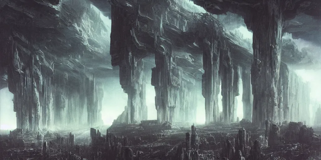 Prompt: the depths of a vast artificial world with massive towering pillars holding the ceiling of the landscape up, detailed, ruby coloration, energetic beings patrolling, extreme depth, wayne barlowe and peder balke collaboration, godrays, colossal hovering machine automations of brutalist design visible in the foreground