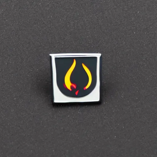 Image similar to a diamond enamel pin depicting a minimalistic clean fire flames warning label, smooth curves