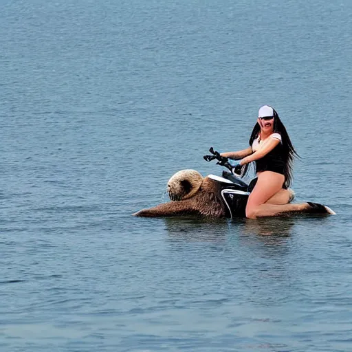Image similar to a greek goddess on a motorbike runs over a sea otter, by pat philips