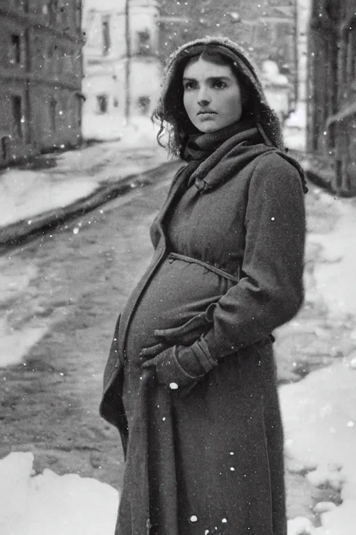 Image similar to full-length portrait of a pregnant woman on the street of besieged Leningrad, historically reliable photo chronicle, winter 1941, ultra detailed digital art, octane render, 4K, dystopian, by john william waterhouse and Edwin Longsden Long and Theodore Ralli and Nasreddine Dinet