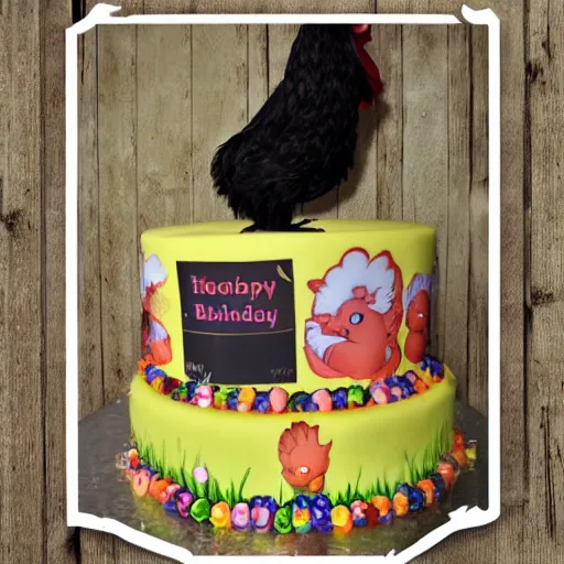 Prompt: (in a barnyard (a big rooster)(a birthday cake(with three candles))(a small downy baby chick))