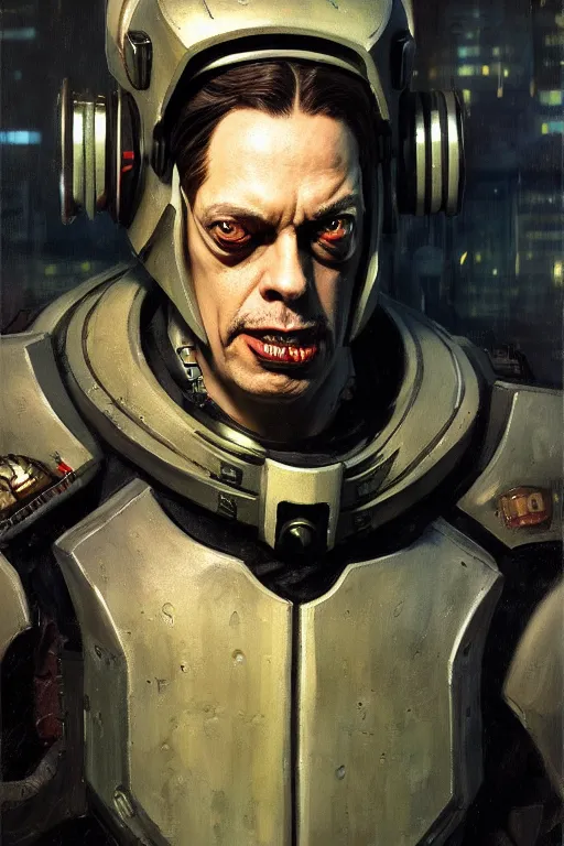 Image similar to character portrait cyberpunk warhammer 4 0 k steve buscemi, character design, painting by gaston bussiere, katsuya terada, frank frazetta, tom of finland, trending on artstation