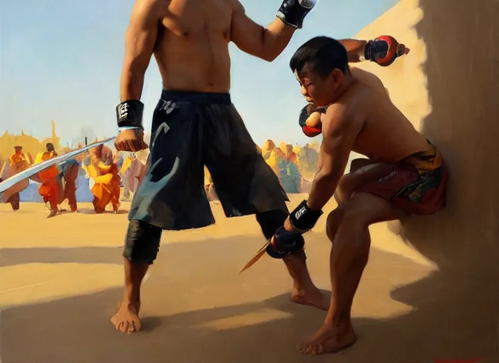 Image similar to greg manchess painting of a filipino mma fighter with a sword, organic painting, sunny day, matte painting, bold shapes, hard edges, street art, trending on artstation, by huang guangjian, gil elvgren, ruan jia, randy vargas, greg rutkowski