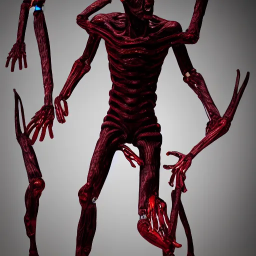 Image similar to octane render of a body horror humanoid, sharp dark shadows, black and red color palette by trevor henderson and junji ito