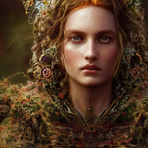 Image similar to portrait of a beautiful enchanted pagan female, depth of field, zeiss lens, detailed, symmetrical, centered, by annie leibovitz and steve mccurry, david lazar, jimmy nelsson, breathtaking, 8 k resolution, extremely detailed, beautiful, establishing shot, artistic, hyperrealistic, beautiful face, octane render